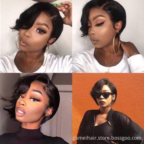 Human Hair Wigs Perruque Short Pixie Cut  Straight  Bob Wigs With Bangs Full Machine Made Wigs For Black Women 150% Density